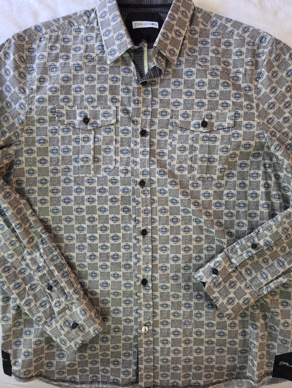 John Lennon Signature Geometric Print Button Down Shirt XL Peace Sign Cotton